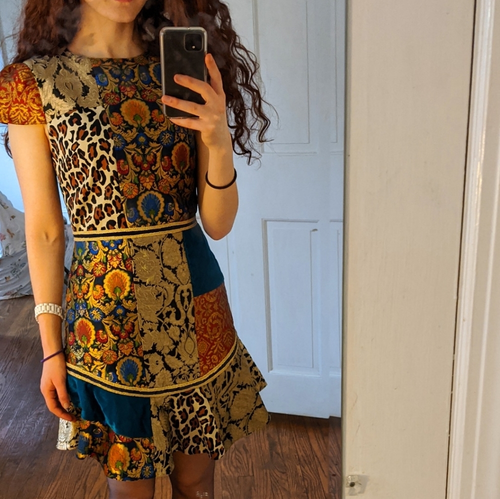 Alice + Olivia Blue and Gold Patterned Mini Dress